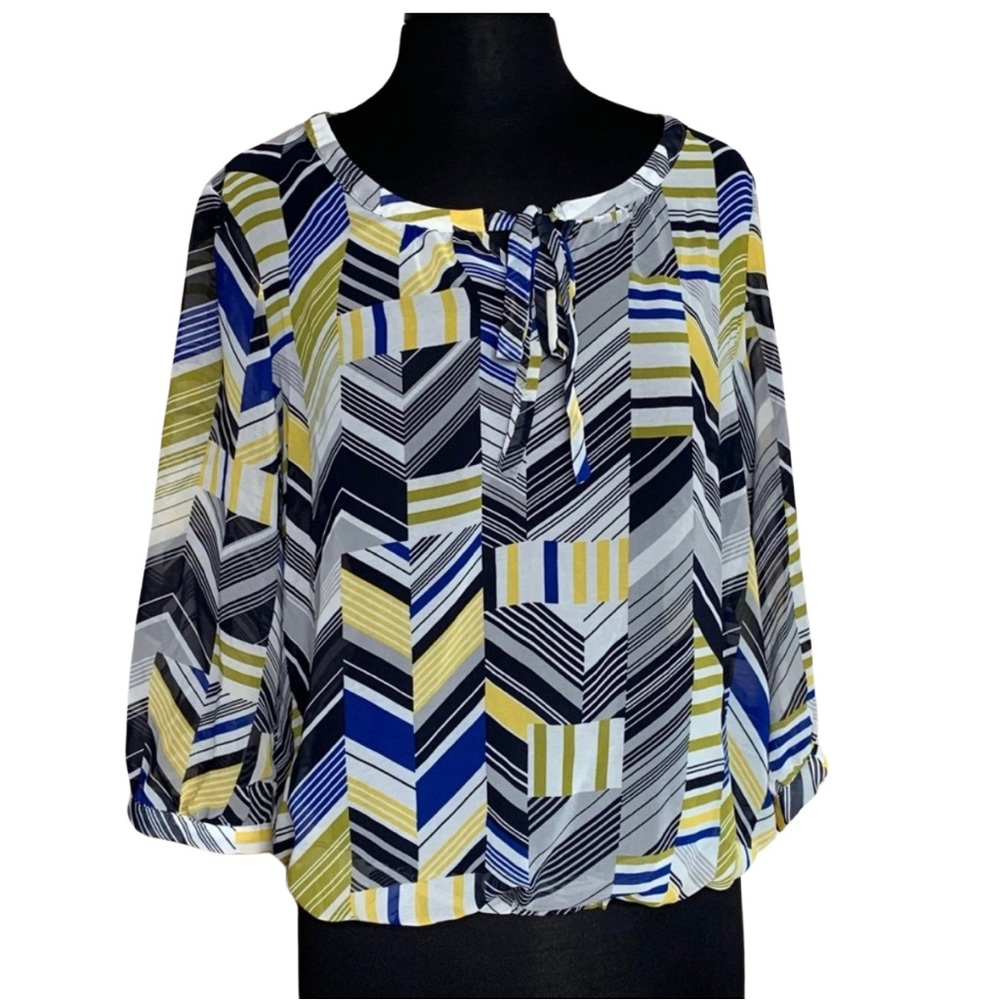 BANANA REPUBLIC Blouse Sheer Top Large 3/4 Length Sleeves Yellow Blue